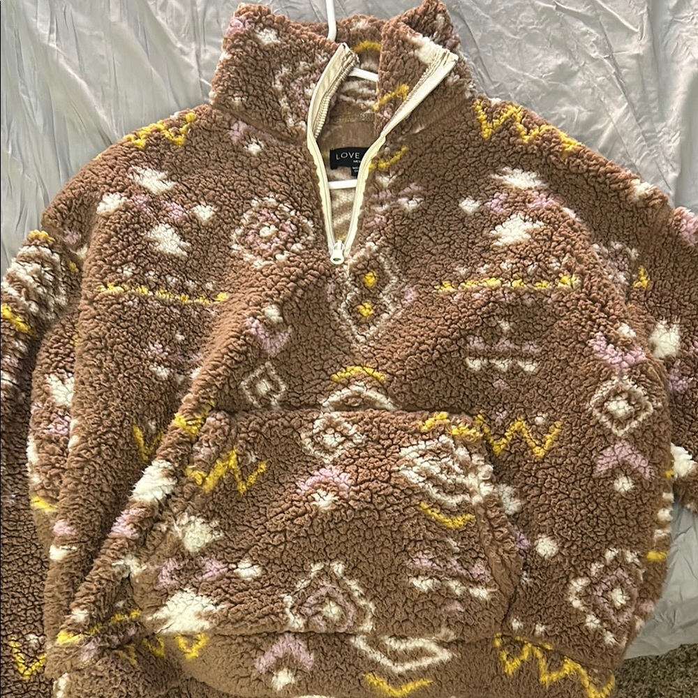 Love Tree Brown and White Zip Up Sweater with Geometric Patterns